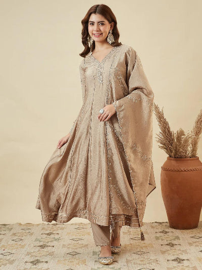 Golden Beige Silk Modest Anarkali Suit
