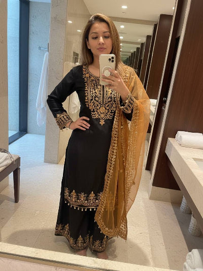 Black &amp; Gold Zari Embroidery Work Straight Suit