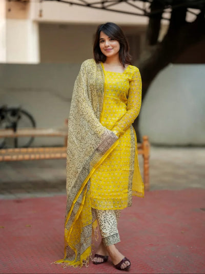 Yellow Premium Kota Doriya Straight Suit