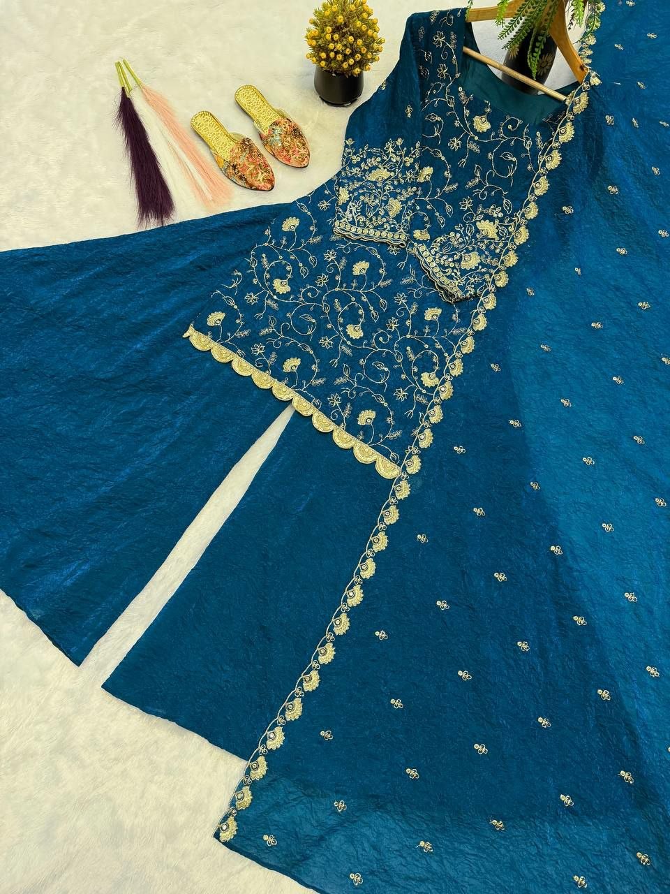 Peacock Teal Blue Embroidered Crush Silk Sharara Palazzo Suit