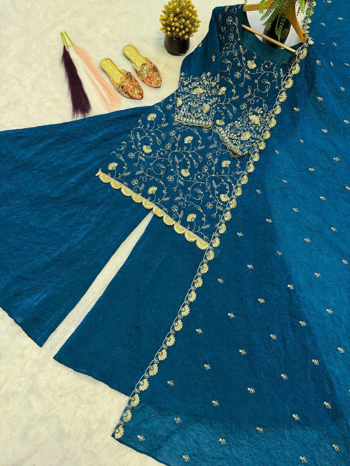 Peacock Teal Blue Embroidered Crush Silk Sharara Palazzo Suit