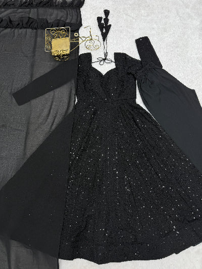 Chikankari Lucknowi Georgette Anarkali Suit-Black &amp; Red