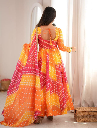 Yellow Bandhani Organza Flair Anarkali Suit