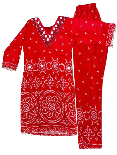 Designer Bandhani Chinon Silk Coord Set with Mirror Work
