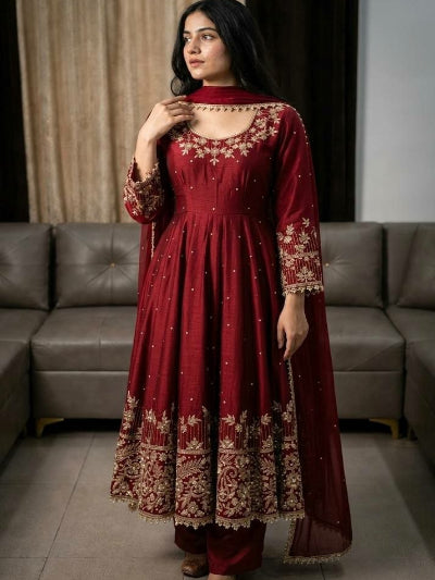 Deep Red Embroidered Anarkali Suit Set for Women