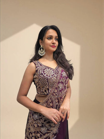 Designer Lehenga Saree &amp; Embroidered Blouse Burgundy &amp; Olive Green