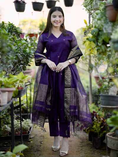Purple Cotton Handwoven Jamdani Straight Suit Set