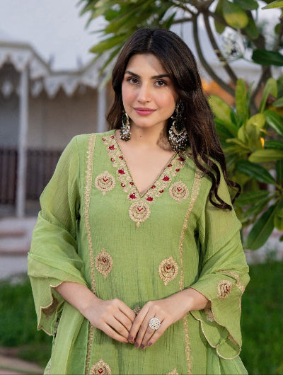 Green Embroidered Crunchy Silk Straight Suit for Women