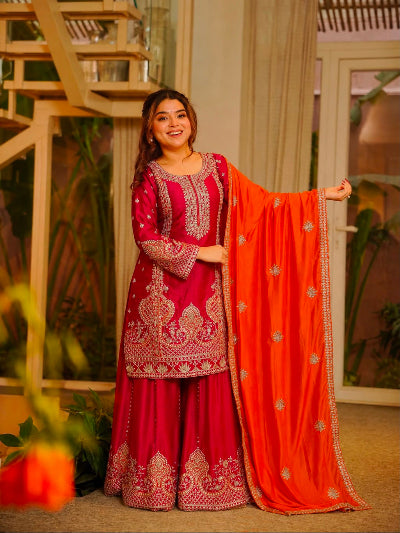 Red &amp; Orange Chinon Silk Embroidered Palazzo Sharara Suit Set