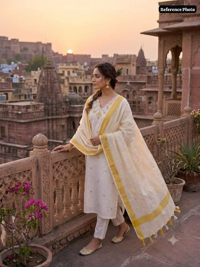 White Gold Embroidered Khadi Cotton Suit Set for Women
