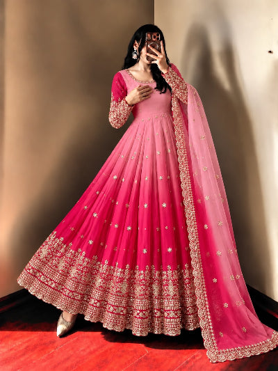 Pink Dual Shade Embroidered Designer Gown Suit Set