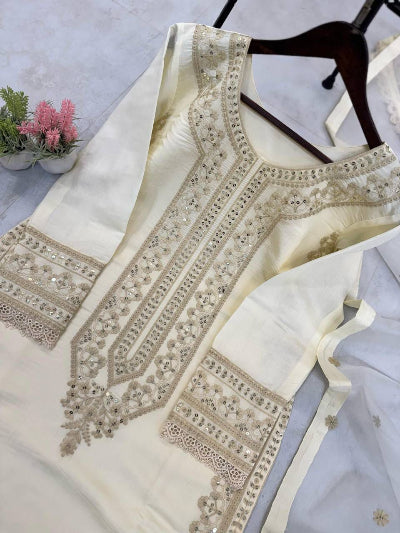 Cream Roman Silk Embroidery Work Straight Suit