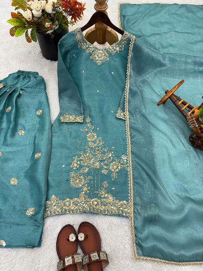 Aqua Teal Blue Tissue Silk Embroidered Farshi Suit