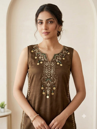 Olive Brown Sequins Embroidered Sleeveless Salwar Suit Set for Women UK