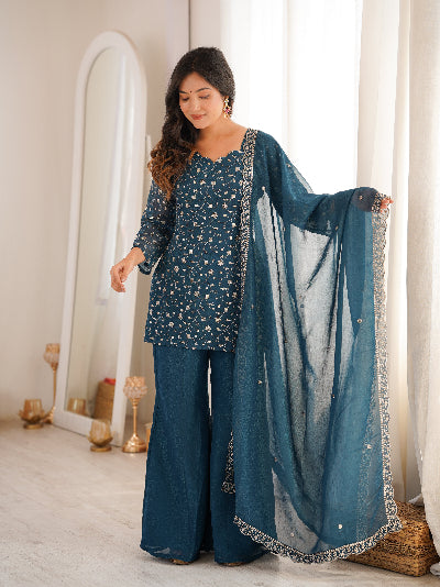 Teal Blue Crunchy Silk Kurta Bell Bottom Pant &amp; Dupatta