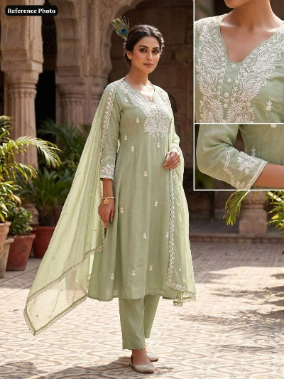 Pista Green Pure Mul Chanderi Embroidered A-Line Suit Set for Women