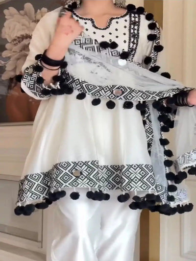 White Embroidered Mirror Work Peplum Style Suit Set