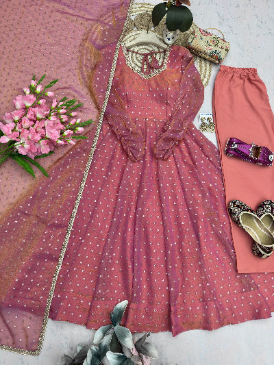Rose Pink Butti Silk Anarkali Suit Set