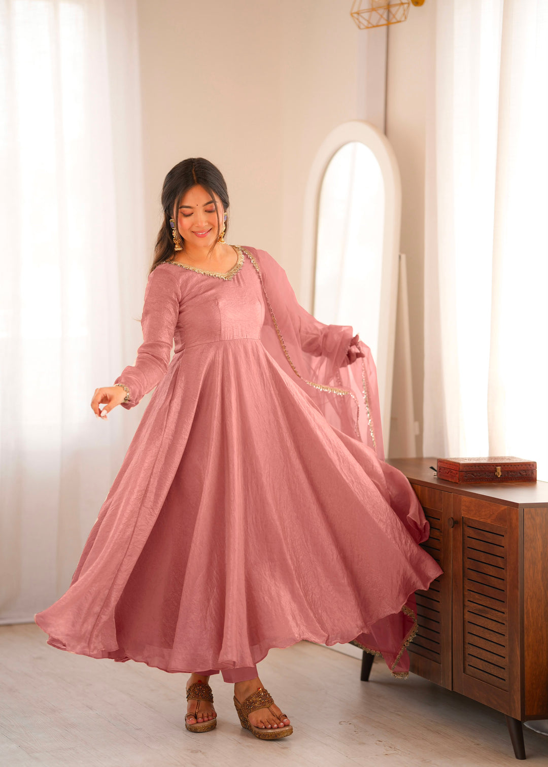 Blush Pink Crush Silk Mirror Work Gown Suit | Women&