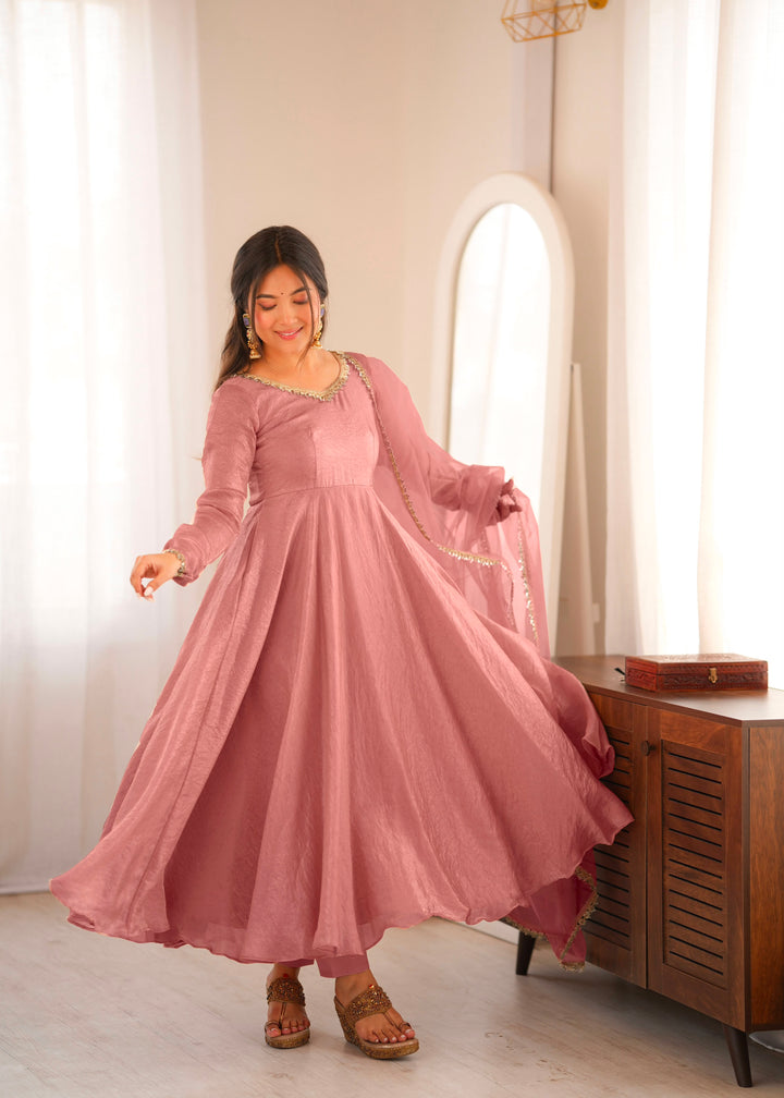Blush Pink Crush Silk Mirror Work Gown Suit | Women&