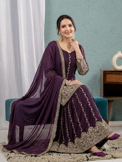 Deep Purple Crunchy Silk Embroidered Sharara Suit for Women UK
