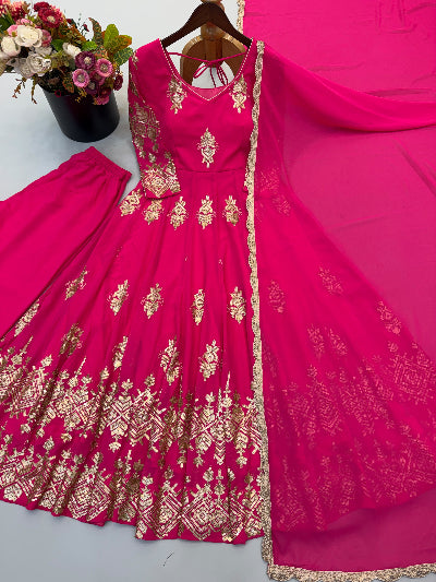 Hot Pink Embroidered Georgette Anarkali Gown Dupatta Pant Set