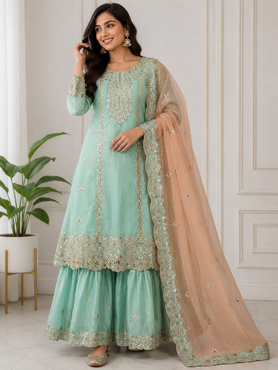Aqua Blue Embroidered Fendi Silk Gharara Suit Set
