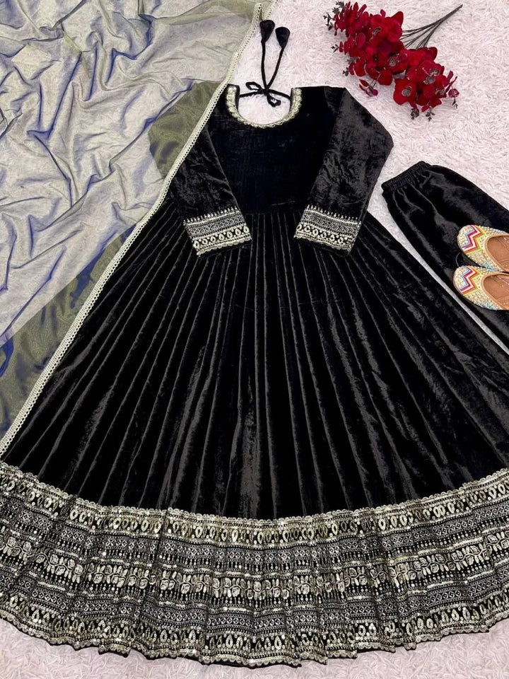 Black Velvet Anarkali Gown With Dupatta and Embroidery Work UK Next Day