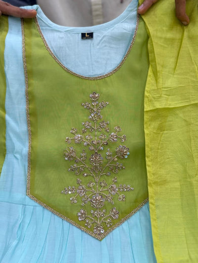Ice Blue &amp; Lime Yellow Pure Mal Chanderi Anarkali Suit