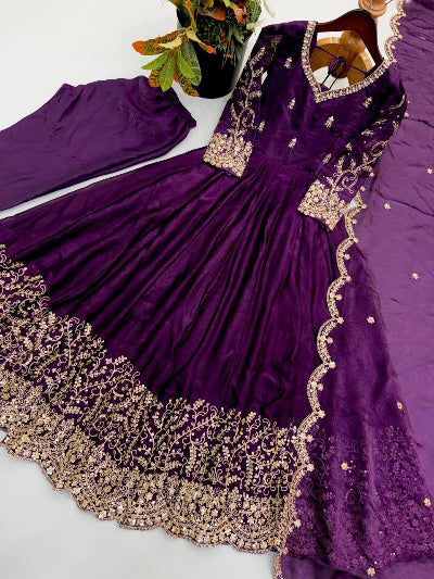 Plum Purple Tissue silk Embroidery &amp; Sequin Work Anarkali Gown Suit