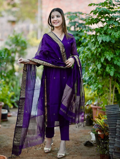 Purple Cotton Handwoven Jamdani Straight Suit Set