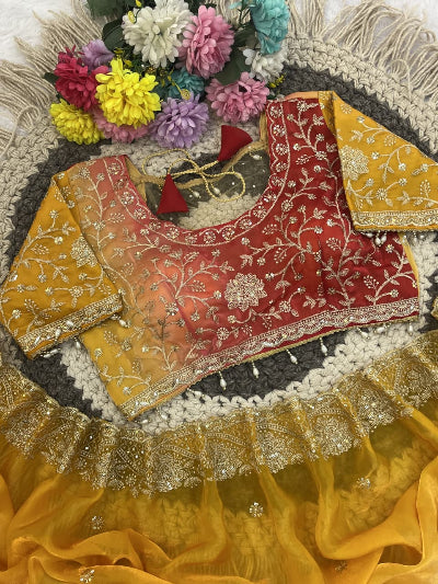 Mustard Ruby Ombre Pre-pleated Ready to Wear Saree with Embroidered Stitched Blouse
