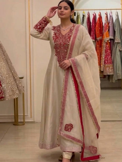 Ivory Gold Organza Embroidered Anarkali Gown Set | Women&