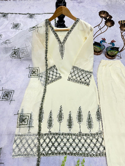 Creamy White Embroidered Farshi Suit with Organza Dupatta