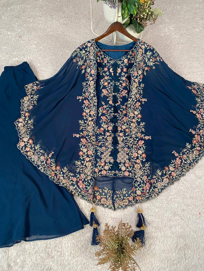 Party Wear Cape Style Suit Set with Sequence Work
