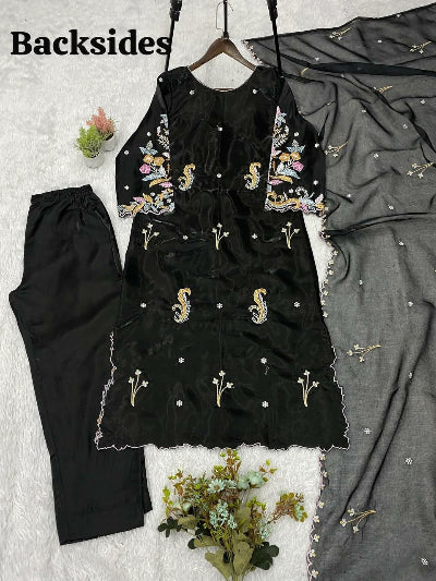 Black Embroidered Glass Roman Silk Straight Suit for Women