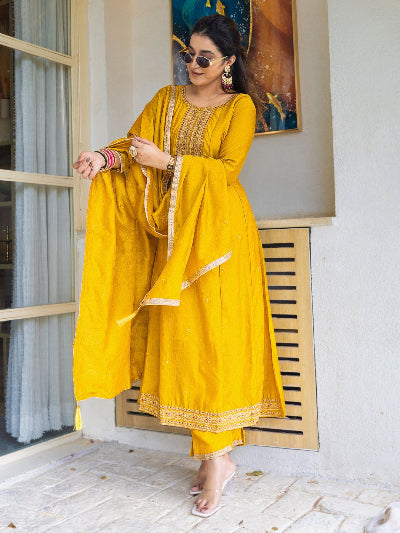 Embroidered Designer Silk Anarkali Suit Set- 3 Colours