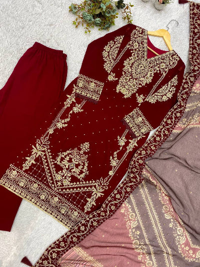 Deep Red Georgette Gold Embroidered Straight Suit Set
