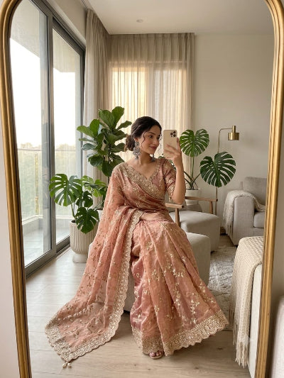 Coral Peach Gold Embroidered Ready to Wear Saree with Free Stitched Blouse