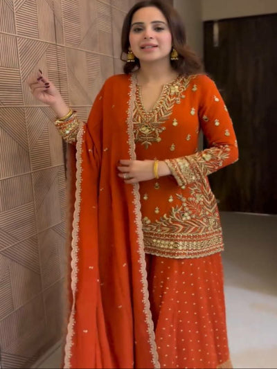 Orange Gold Embroidery Georgette Sharara Suit