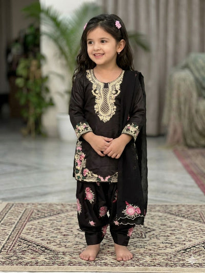 Black Floral Kids Embroidered Punjabi Suit