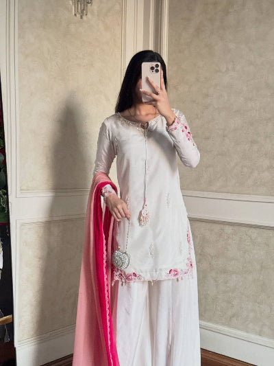 White Embroidered Crepe Silk Palazzo Suit with Pink Shaded Dupatta