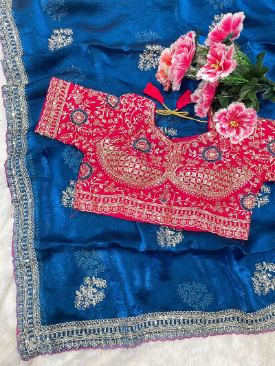 Teal Blue Embroidered Ready to Wear  Saree with Stitched Blouse for Women | Asian Ethnic Wear