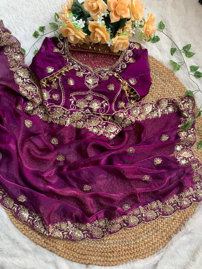 Wine Purple Gold Embroidered Ready to Wear Saree with Stitched Blouse