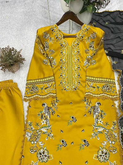 Mustard Yellow Embroidered Lace Detailing Ethnic Suit Set