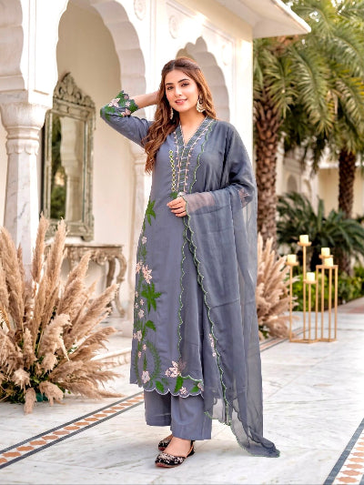 Grey Embroidered Roman Silk Palazzo Suit Set for Women UK