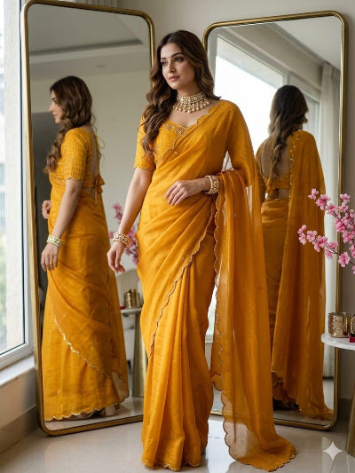 Mustard Yellow Ready to Wear Saree with Handwork Stitched Blouse