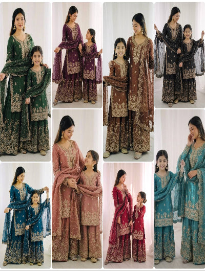 Mother Daughter Matching Festive Silk Sharara Suit Set