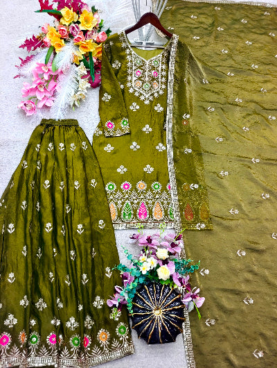 Olive Green Embroidered Sharara Suit Set for Women UK