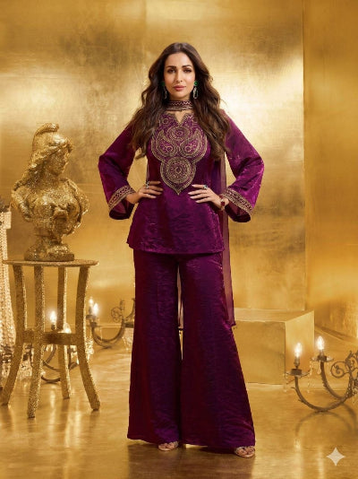Plum Purple Embroidered Fendy Silk Suit Set